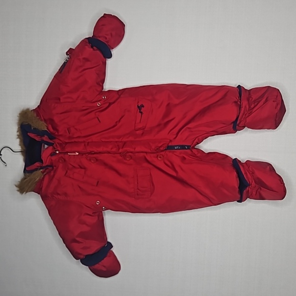 Radio Flyer Red Faux Fur Hooded Fleece Lined Baby Snow Suit Size 6-9 Months